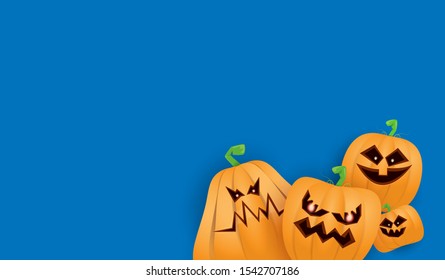 Halloween Horizontal web Banner or poster with Halloween scary pumpkins isolated on blue wall background. Funky kids Halloween background with space for text