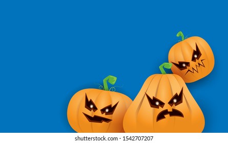 Halloween Horizontal web Banner or poster with Halloween scary pumpkins isolated on blue wall background. Funky kids Halloween background with space for text