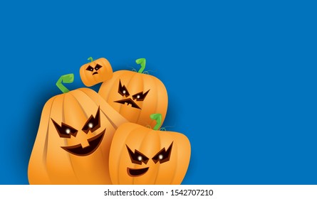 Halloween Horizontal web Banner or poster with Halloween scary pumpkins isolated on blue wall background. Funky kids Halloween background with space for text