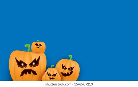 Halloween Horizontal web Banner or poster with Halloween scary pumpkins isolated on blue wall background. Funky kids Halloween background with space for text