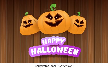 Halloween Horizontal web Banner or poster with Halloween scary pumpkins on wooden background. Funky kids Halloween background with greeting text