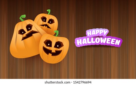 Halloween Horizontal web Banner or poster with Halloween scary pumpkins on wooden background. Funky kids Halloween background with greeting text