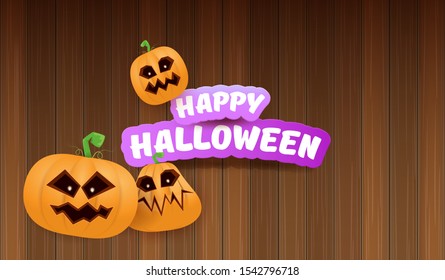 Halloween Horizontal web Banner or poster with Halloween scary pumpkins on wooden background. Funky kids Halloween background with greeting text