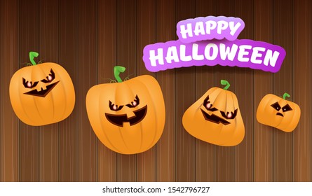 Halloween Horizontal web Banner or poster with Halloween scary pumpkins on wooden background. Funky kids Halloween background with greeting text