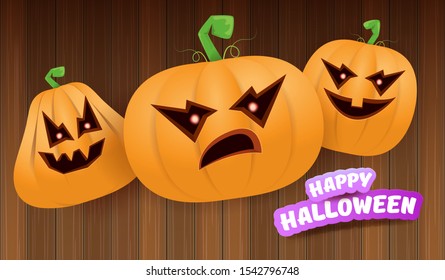 Halloween Horizontal web Banner or poster with Halloween scary pumpkins on wooden background. Funky kids Halloween background with greeting text