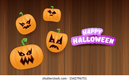 Halloween Horizontal web Banner or poster with Halloween scary pumpkins on wooden background. Funky kids Halloween background with greeting text