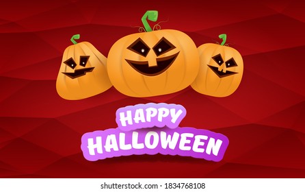 Halloween Horizontal web Banner or poster with Halloween scary pumpkins gang isolated on a red background. Funky kids Halloween concept background with greeting text