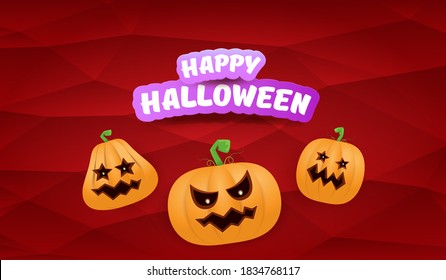 Halloween Horizontal web Banner or poster with Halloween scary pumpkins gang isolated on a red background. Funky kids Halloween concept background with greeting text
