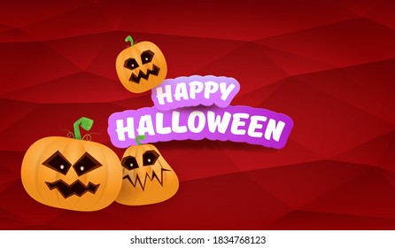 Halloween Horizontal web Banner or poster with Halloween scary pumpkins gang isolated on a red background. Funky kids Halloween concept background with greeting text