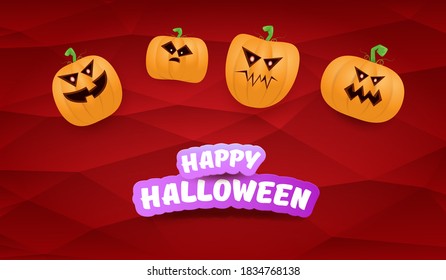 Halloween Horizontal web Banner or poster with Halloween scary pumpkins gang isolated on a red background. Funky kids Halloween concept background with greeting text