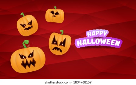 Halloween Horizontal web Banner or poster with Halloween scary pumpkins gang isolated on a red background. Funky kids Halloween concept background with greeting text