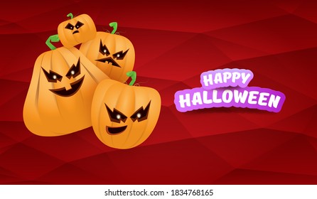 Halloween Horizontal web Banner or poster with Halloween scary pumpkins gang isolated on a red background. Funky kids Halloween concept background with greeting text