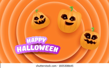Halloween Horizontal web Banner or poster with Halloween scary pumpkins gang isolated on abstract orange background. Funky kids Halloween concept background with greeting text