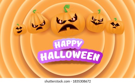 Halloween Horizontal web Banner or poster with Halloween scary pumpkins gang isolated on abstract orange background. Funky kids Halloween concept background with greeting text