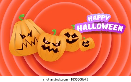 Pancarta o afiche horizontal de Halloween con calabazas aterradoras de Halloween aisladas en un fondo naranja abstracto. Fondo conceptual de Halloween para niños divertidos con texto de bienvenida