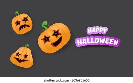 Halloween Horizontal web Banner or poster with Halloween scary pumpkins gang isolated on grey background. Funky kids Halloween concept background with greeting text