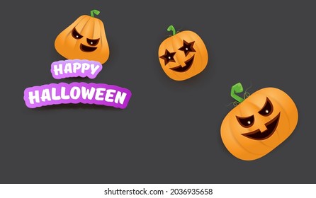 Halloween Horizontal web Banner or poster with Halloween scary pumpkins gang isolated on grey background. Funky kids Halloween concept background with greeting text