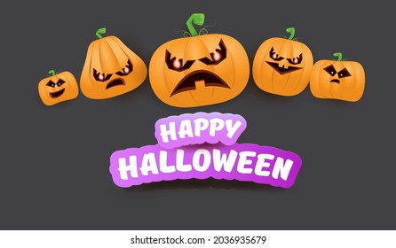 Halloween Horizontal web Banner or poster with Halloween scary pumpkins gang isolated on grey background. Funky kids Halloween concept background with greeting text