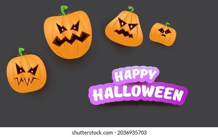 Halloween Horizontal web Banner or poster with Halloween scary pumpkins gang isolated on grey background. Funky kids Halloween concept background with greeting text