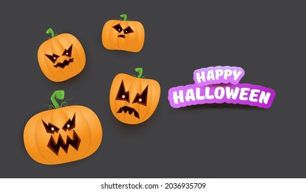 Halloween Horizontal web Banner or poster with Halloween scary pumpkins gang isolated on grey background. Funky kids Halloween concept background with greeting text