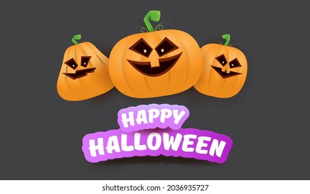 Halloween Horizontal web Banner or poster with Halloween scary pumpkins gang isolated on grey background. Funky kids Halloween concept background with greeting text