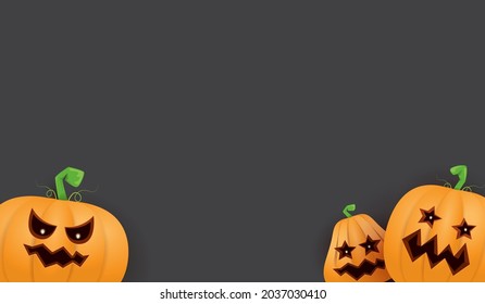 Halloween Horizontal web Banner or poster with Halloween scary pumpkins isolated on grunge grey wall background. Funky kids Halloween background with space for text and funny pumpkins