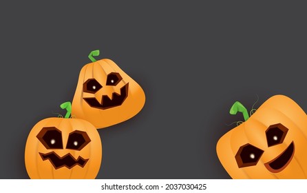 Halloween Horizontal web Banner or poster with Halloween scary pumpkins isolated on grunge grey wall background. Funky kids Halloween background with space for text and funny pumpkins