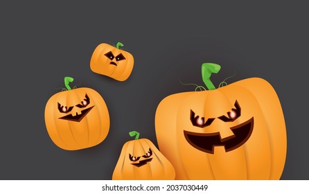 Halloween Horizontal web Banner or poster with Halloween scary pumpkins isolated on grunge grey wall background. Funky kids Halloween background with space for text and funny pumpkins