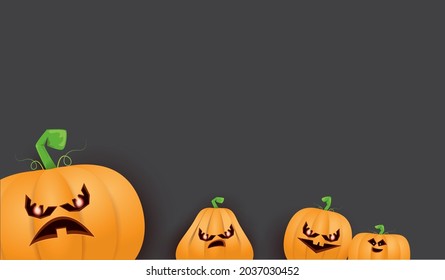 Afiche o afiche de la web horizontal de Halloween con calabazas aterradoras aisladas en el fondo gris oscuro de la pared. Niños divertidos antecedentes de Halloween con espacio para texto y calabazas divertidas