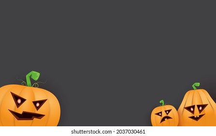 Halloween Horizontal web Banner or poster with Halloween scary pumpkins isolated on grunge grey wall background. Funky kids Halloween background with space for text and funny pumpkins