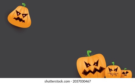 Halloween Horizontal web Banner or poster with Halloween scary pumpkins isolated on grunge grey wall background. Funky kids Halloween background with space for text and funny pumpkins