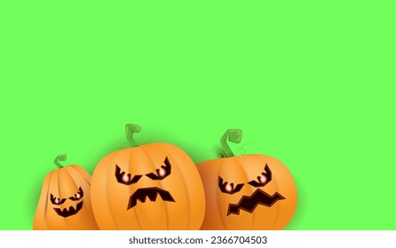 Halloween Horizontal web Banner or poster with Halloween scary pumpkins isolated on green screen background. Funky kids Halloween background with space for text