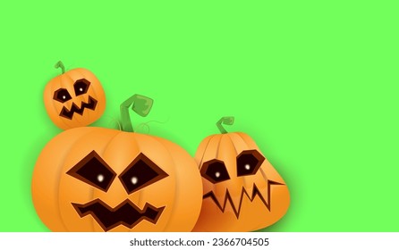 Halloween Horizontal web Banner or poster with Halloween scary pumpkins isolated on green screen background. Funky kids Halloween background with space for text