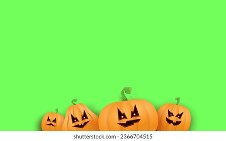 Halloween Horizontal web Banner or poster with Halloween scary pumpkins isolated on green screen background. Funky kids Halloween background with space for text