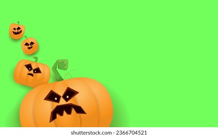 Halloween Horizontal web Banner or poster with Halloween scary pumpkins isolated on green screen background. Funky kids Halloween background with space for text