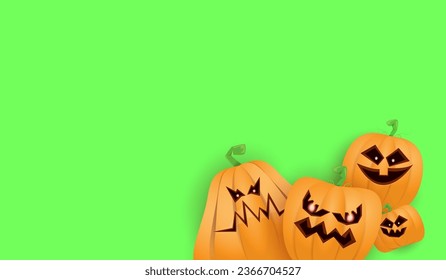 Afiche o afiche horizontal de Halloween con calabazas aterradoras aisladas en el fondo de la pantalla verde. Niños divertidos antecedentes de Halloween con espacio para texto