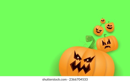 Afiche o afiche horizontal de Halloween con calabazas aterradoras aisladas en el fondo de la pantalla verde. Niños divertidos antecedentes de Halloween con espacio para texto