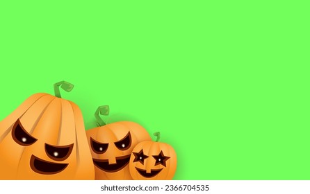 Halloween Horizontal web Banner or poster with Halloween scary pumpkins isolated on green screen background. Funky kids Halloween background with space for text