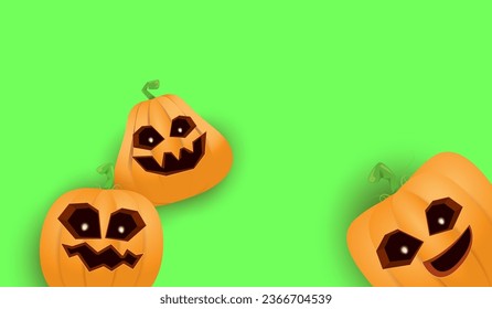 Halloween Horizontal web Banner or poster with Halloween scary pumpkins isolated on green screen background. Funky kids Halloween background with space for text