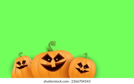 Halloween Horizontal web Banner or poster with Halloween scary pumpkins isolated on green screen background. Funky kids Halloween background with space for text
