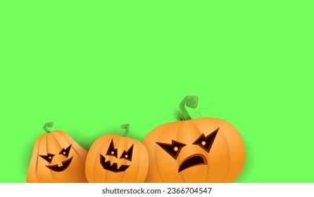 Halloween Horizontal web Banner or poster with Halloween scary pumpkins isolated on green screen background. Funky kids Halloween background with space for text