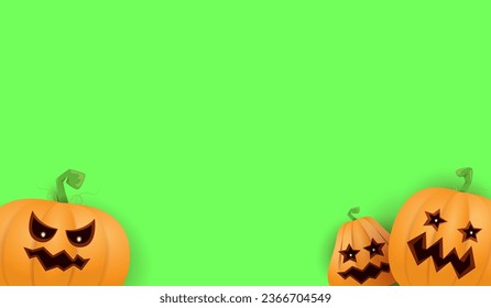 Halloween Horizontal web Banner or poster with Halloween scary pumpkins isolated on green screen background. Funky kids Halloween background with space for text