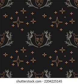 Halloween horned devil face, unique boh style illustration, seamless pattern. Perfect for poster or postcard template, trendy t-shirt design.