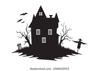 Halloween Horor house with dead tree, bat and Ghost silhouette vector icon