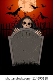 Halloween Horrible Grim Reaper Over  Tomb Stone