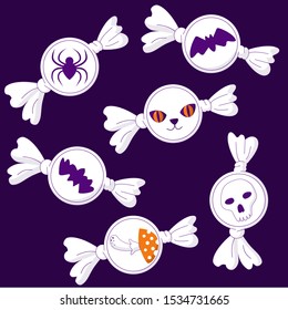 Halloween horror candies: Cat, skull, spider, bat, amanita. Caramels in vector for a terrible holiday.
