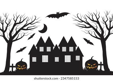 Halloween Horror Castle haunted house building silhouette vector Black and white bat and ghost Spooky house, Scary Night Party 31 October illustration theme trees Pumpkins tombs Witch Moon crosses    