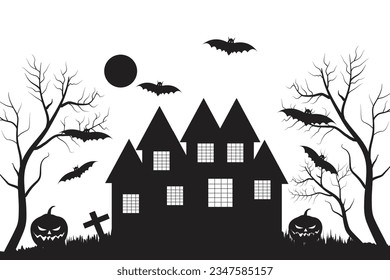 Halloween Horror Castle haunted house building silhouette vector Black and white bat and ghost Spooky house, Scary Night Party 31 October illustration theme trees Pumpkins tombs Witch Moon crosses    