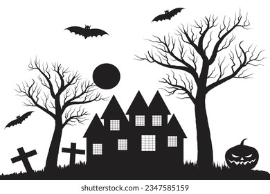 Halloween Horror Castle haunted house building silhouette vector Black and white bat and ghost Spooky house, Scary Night Party 31 October illustration theme trees Pumpkins tombs Witch Moon crosses    