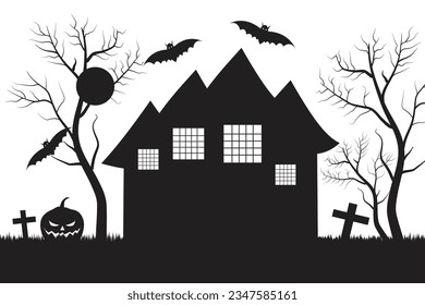 Halloween Horror Castle haunted house building silhouette vector Black and white bat and ghost Spooky house, Scary Night Party 31 October illustration theme trees Pumpkins tombs Witch Moon crosses    